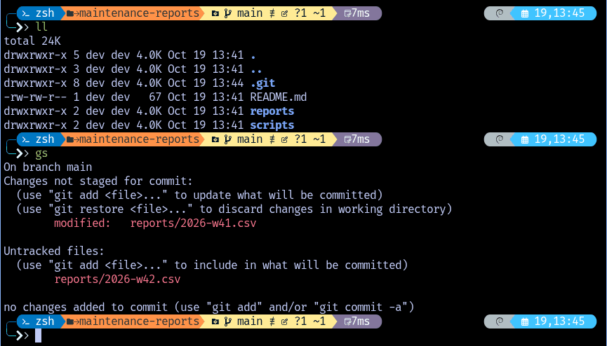The prompt shows the folder, the branch and pending changes before any command runs.