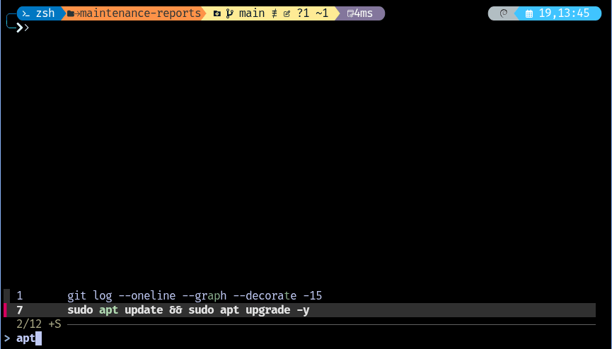 The fzf history search filtering commands by the letters apt.