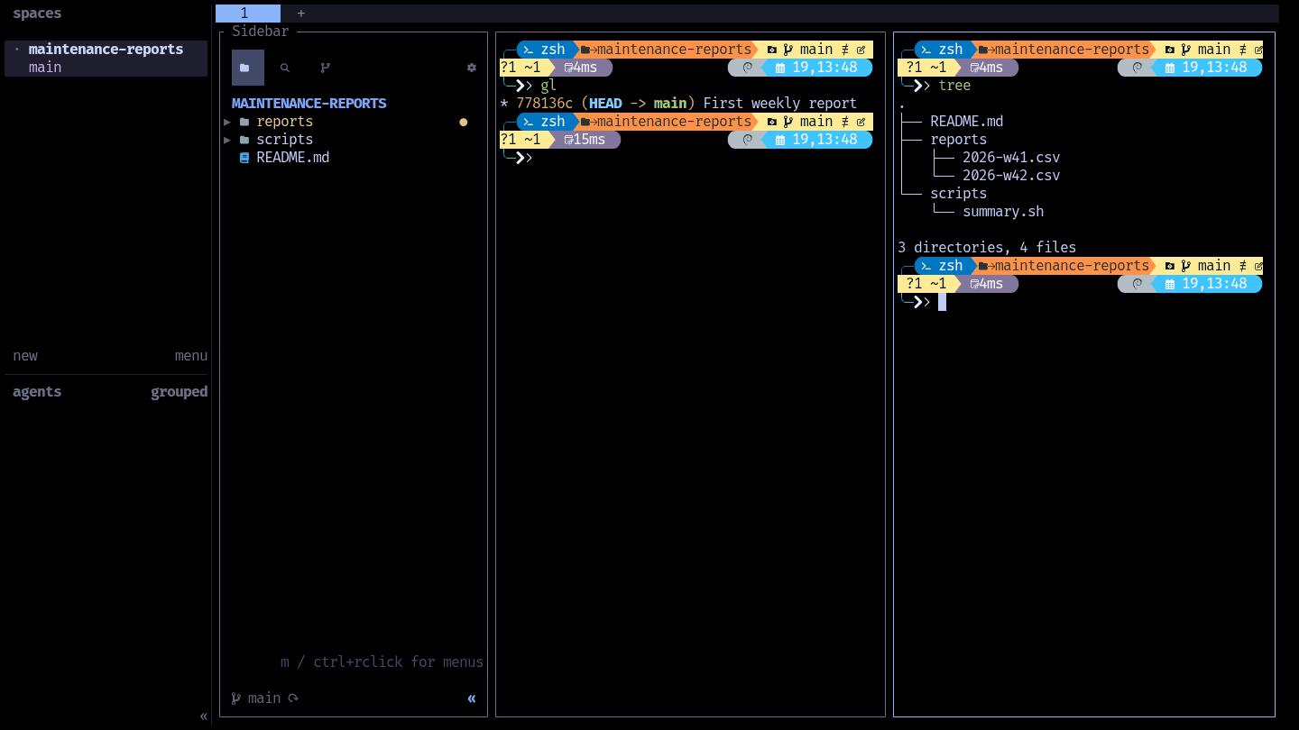 Three columns: the file sidebar, git history in one pane and the project tree in another.