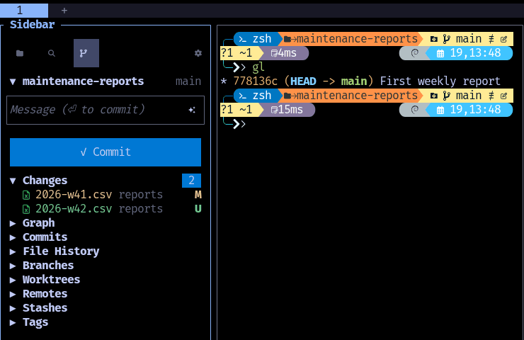 The sidebar's source control view listing two changed files and a commit box.