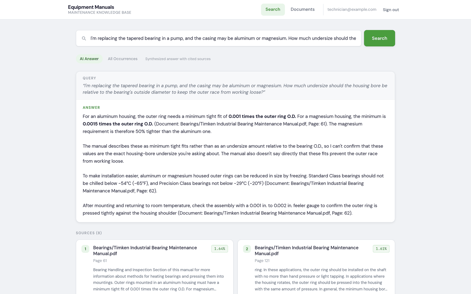 Screenshot of a search on the demo instance: a question about a pump, the answer with its citation, and the ranked source pages below it.