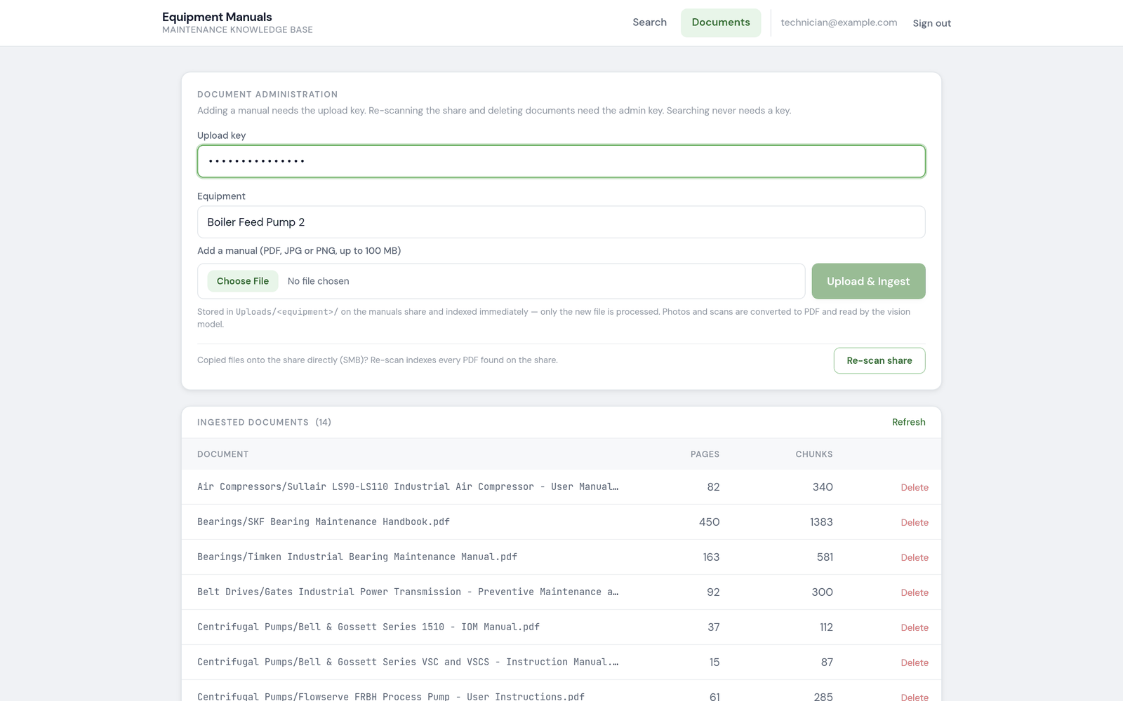 Screenshot of the document library on a demo instance: an upload form with a file picker, an equipment field and an upload key, above a table of indexed manuals with page and chunk counts.