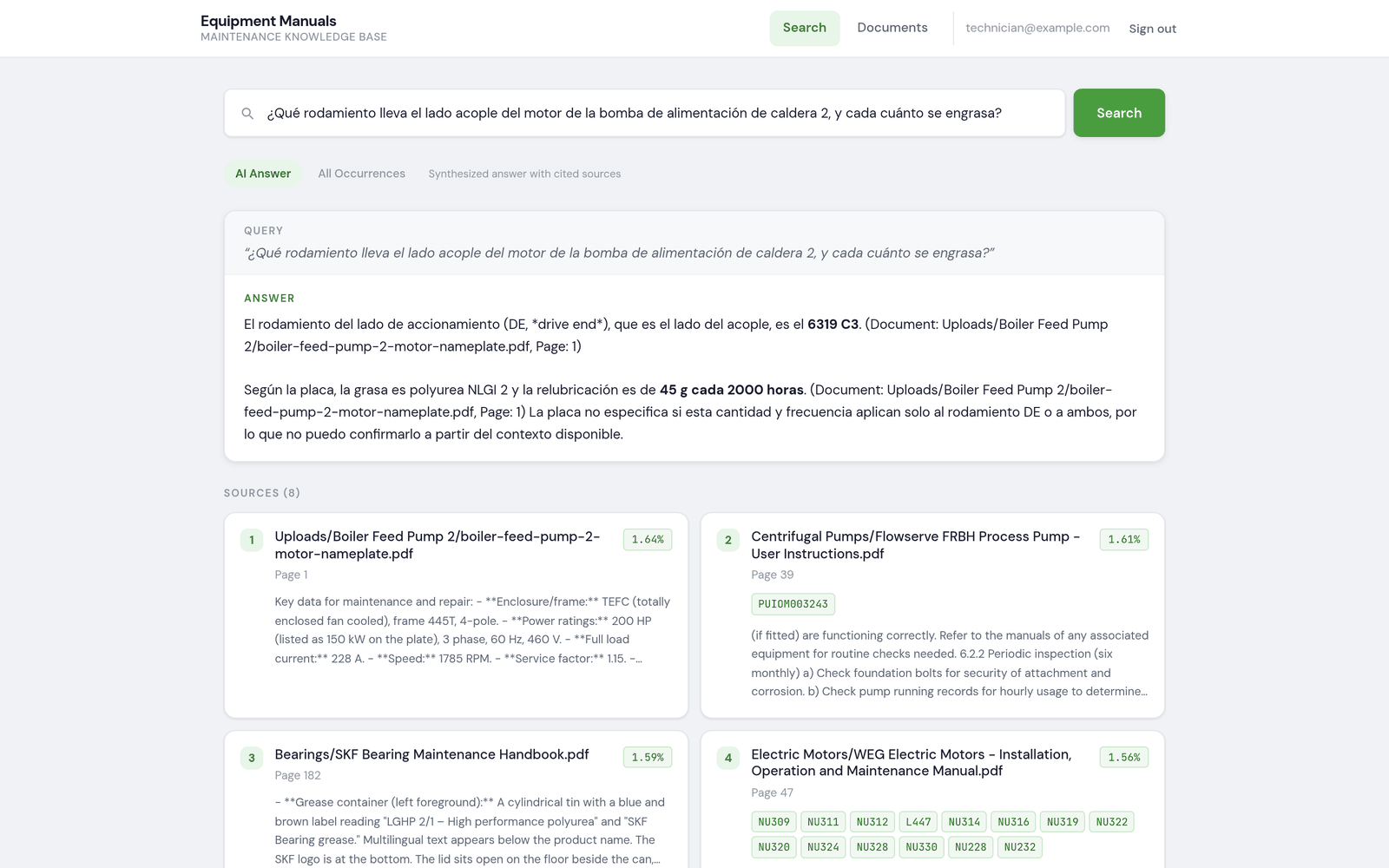 Screenshot of the demo instance answering, in Spanish, which bearing the drive end of a boiler feed pump motor uses and how often it is greased, cited to an uploaded nameplate photo.
