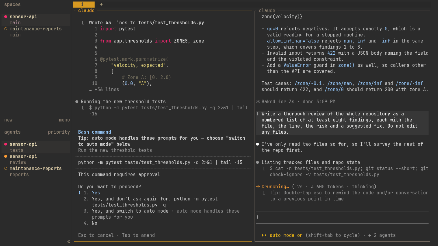 herdr with two Claude Code agents in one tab and a third in another workspace.