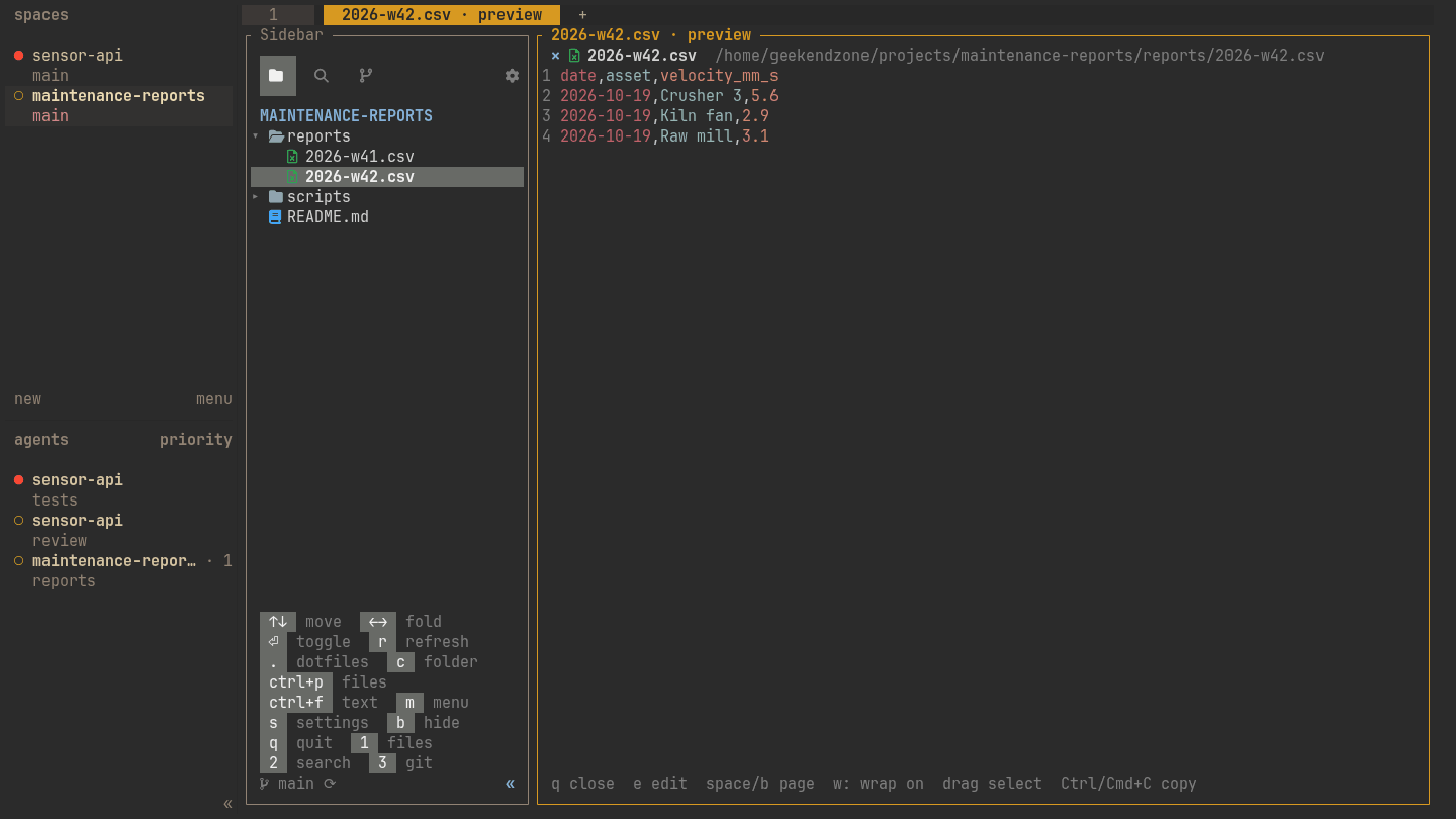 The file sidebar with a CSV file open in a preview tab.