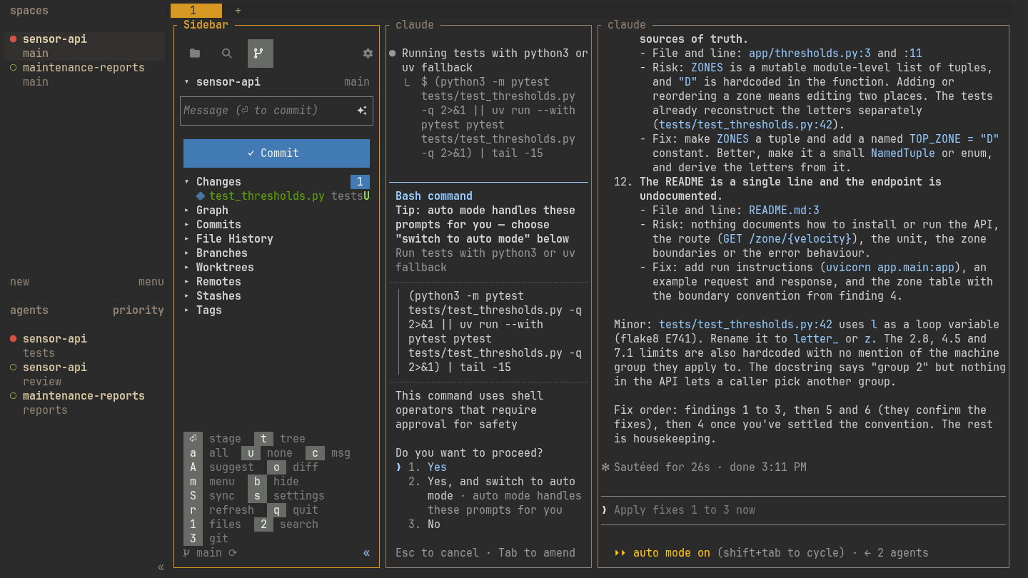 The sidebar's source control view showing a new test file next to two agent panes.