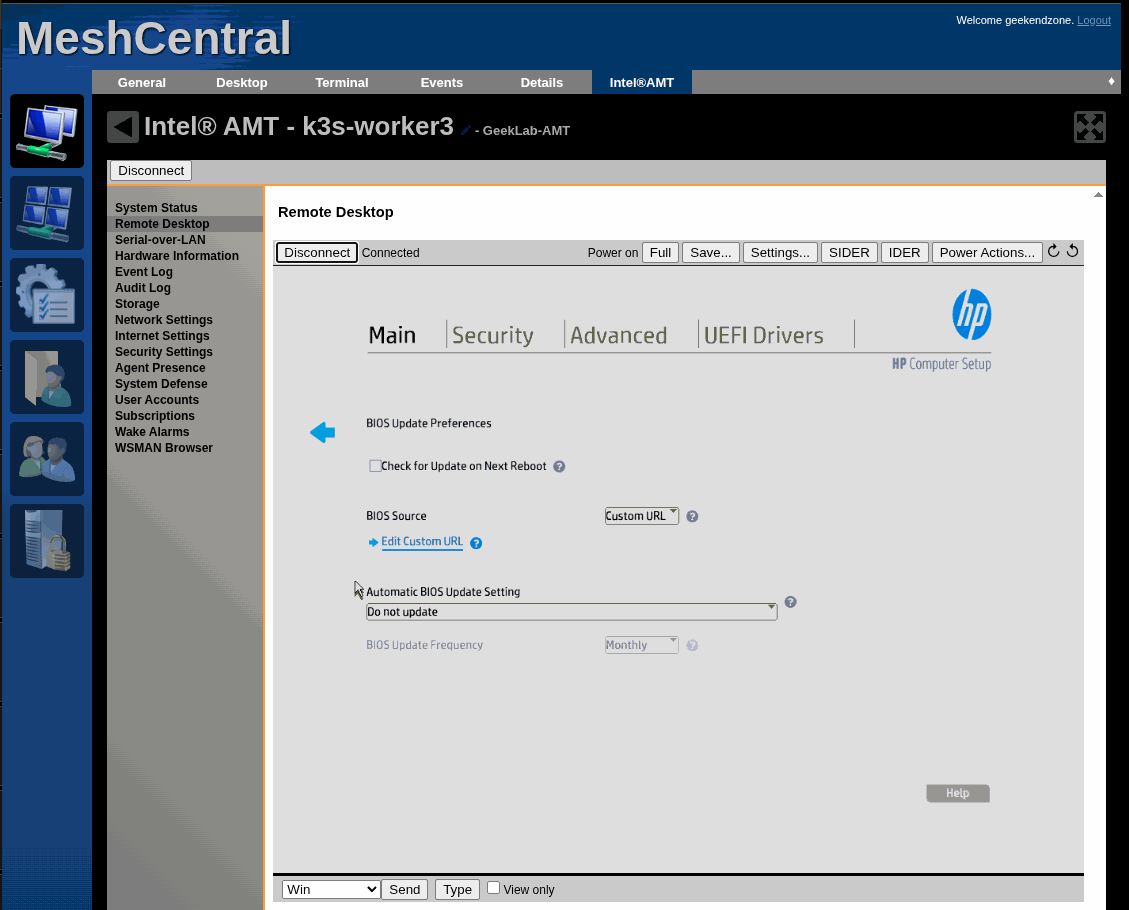 The HP BIOS Update Preferences screen with BIOS Source set to Custom URL.